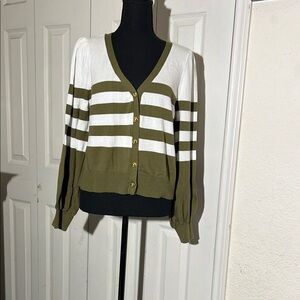 Michael Kors Olive & White Striped V-Neck Button Cardigan